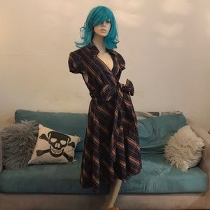 Moda Intl Party Dress Navy Red Plaid with Sash Bow